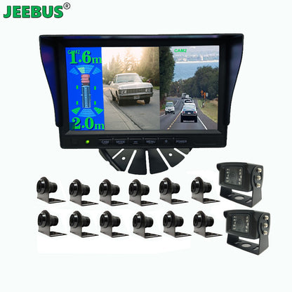 HD7inch 2CH Monitor Support Video Recorder with 1080P Front Rear Reverse Camera and 12PCS Ultrasonic Sensor Monitor System