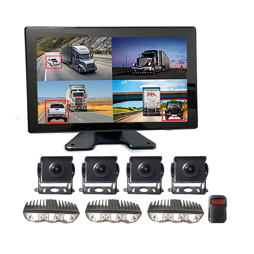 4CH BSD Touch Monitor with Camera System and LED Warning Lights for HeavyDuty Safety for Forklifts, Bulldozers, Excavators,Loaders