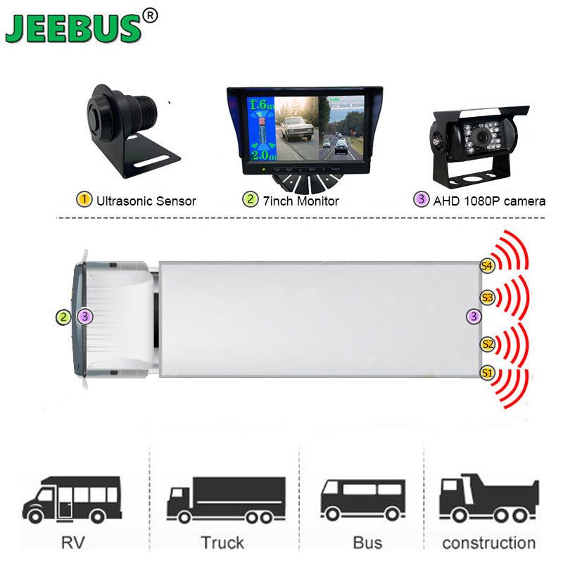 AHD 7"2CH 4PCS Ultrasonic Reverse Sensor with 1080P Front Rear View Camera Monitor System for Trucks Buses Heavy Duty