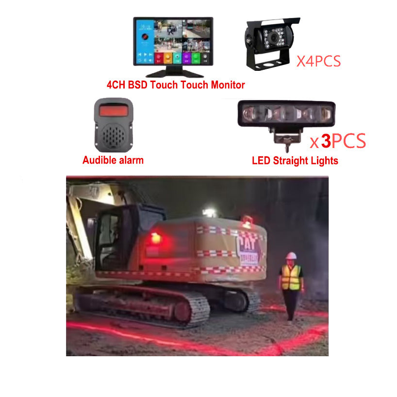 4CH BSD Touch Monitor with Camera System and LED Warning Lights for HeavyDuty Safety for Forklifts, Bulldozers, Excavators,Loaders