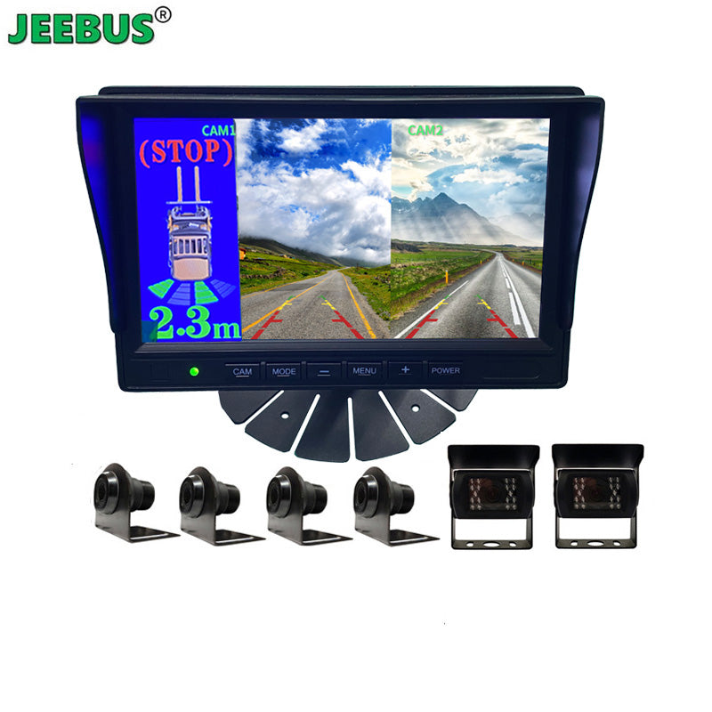 AHD 7"2CH 4PCS Ultrasonic Reverse Sensor with 1080P Front Rear View Camera Monitor System for Trucks Buses Heavy Duty