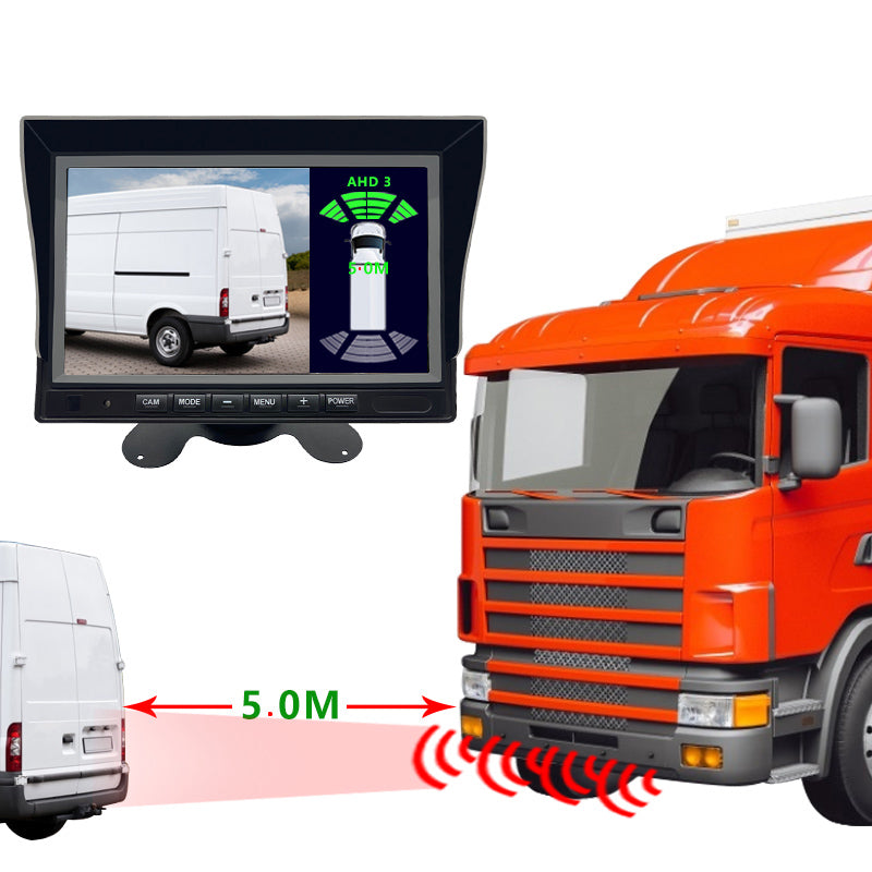 AHD 7"2CH 4PCS Ultrasonic Reverse Sensor with 1080P Front Rear View Camera Monitor System for Trucks Buses Heavy Duty