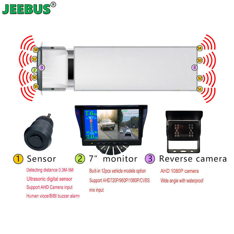 AHD 7inch 2CH Built in Ultrasonic Sensor Support Recording with Front Rear 1080P Backup Car Reverse Camera for Truck Bus Heavy Duty